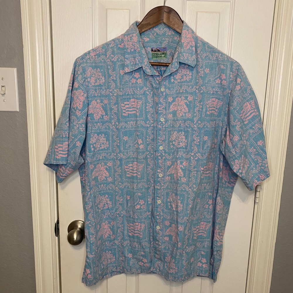 Vintage Reyn Spooner Hawaiian Shirt Men's Large Blue Pink Flag Birds Floral